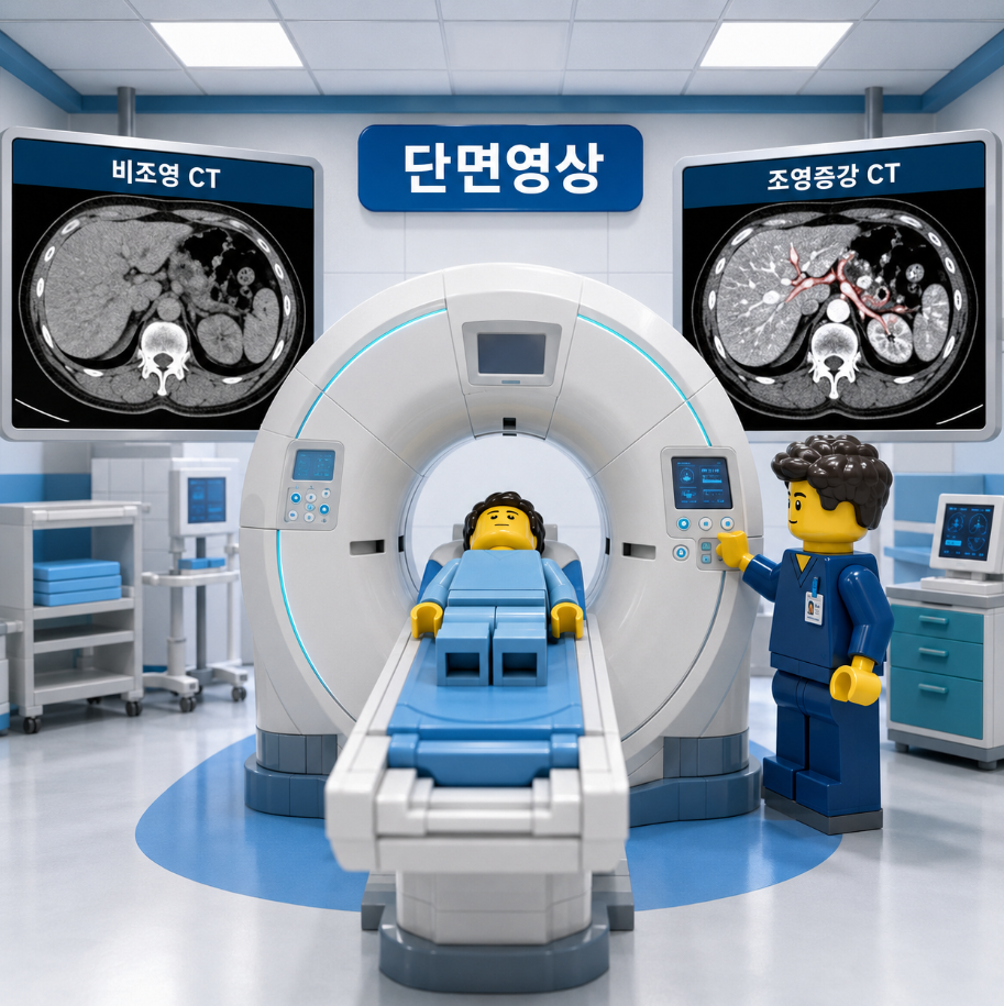 CT 단면영상과 비조영 CT&middot;조영증강 CT의 차이를 설명하는 의료 인포그래픽