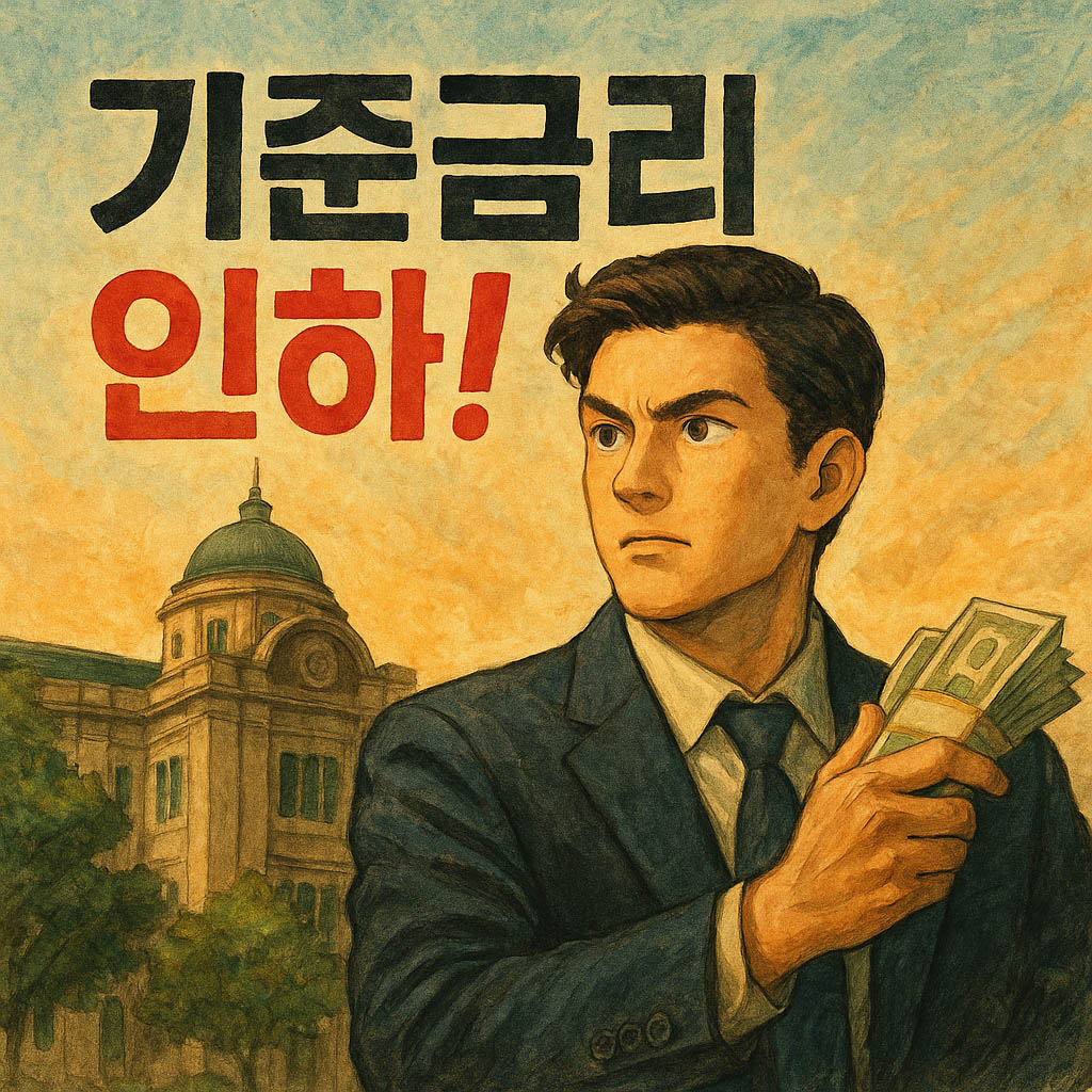 정장을 입은 남성이 돈다발을 들고 결의에 찬 표정으로 서 있는 지브리풍 일러스트&amp;#44; 뒤에는 한국은행 건물이 보이며 &amp;#39;기준금리 인하!&amp;#39;라는 문구가 강조되어 있음