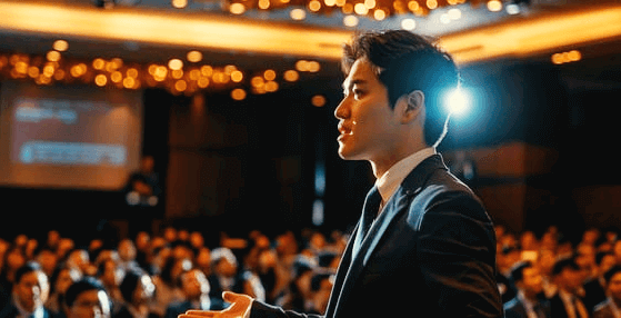 능력있는 젊은 한국 남자가 대중 앞에서 연설을 하고 있다. 검정 정장을 입었고 매우 자신감이 있어 보인다.