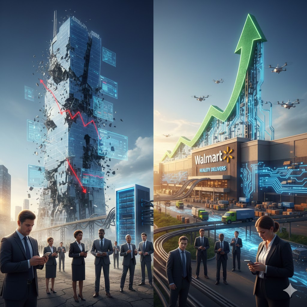 무너지는 디지털 타워와 하락하는 붉은색 그래프가 상징하는 소프트웨어 거품 붕괴(Software Bubble Burst)와, 드론·물류 시스템을 통해 강력하게 우상향하는 월마트(Walmart) 실물 경제의 대비를 보여주는 인포그래픽 이미지.