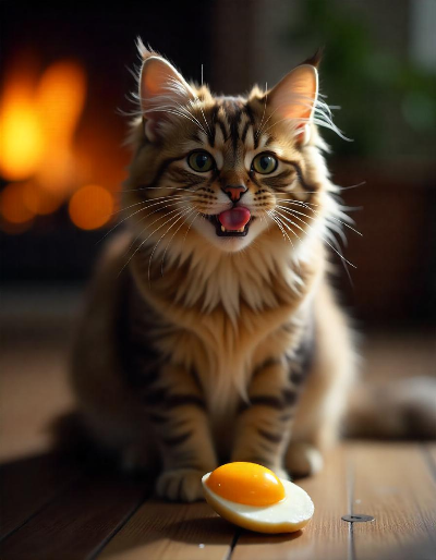 계란 노른자를 맛있게 먹고 있는 고양이