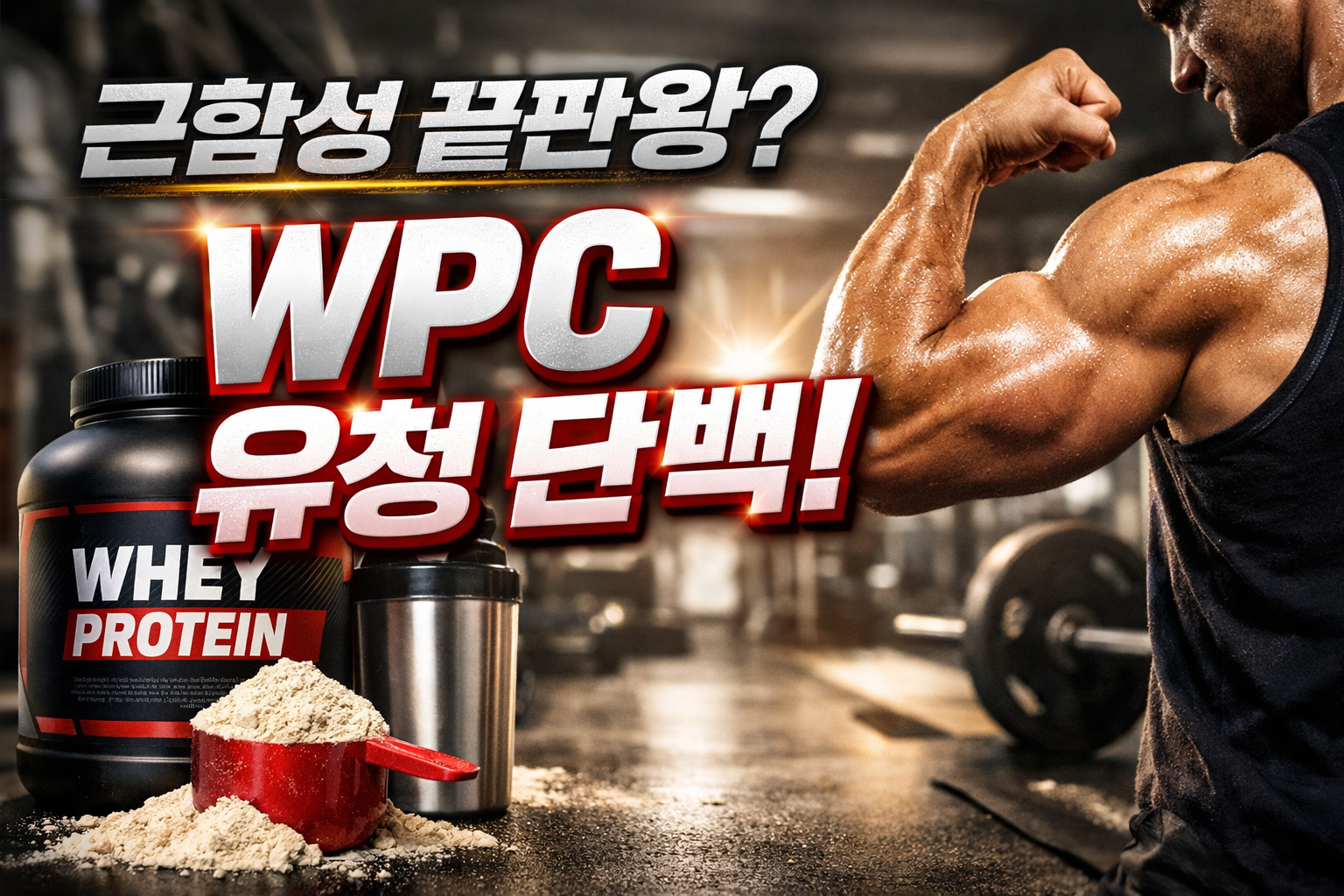 헬스장 배경에서 팔 근육을 들어 올린 남성과 웨이 프로틴 통, &ldquo;근합성 끝판왕? WPC 유청 단백!&rdquo; 문구가 들어간 썸네일 이미지