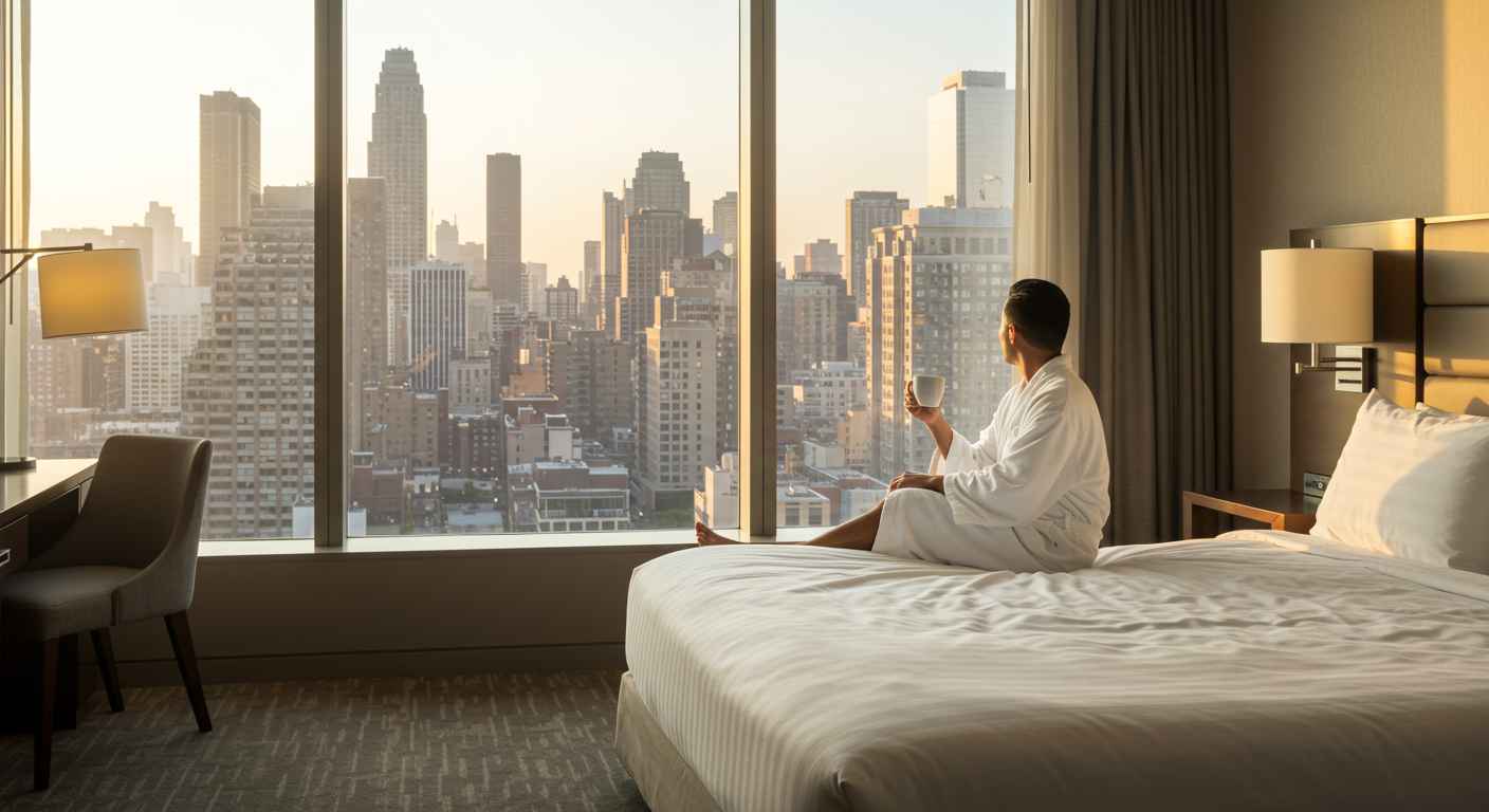 창밖으로 멋진 시티뷰가 보이는 호텔 침대에 하얀 가운을 입고 편안하게 기대앉아 커피를 마시는 사람의 모습