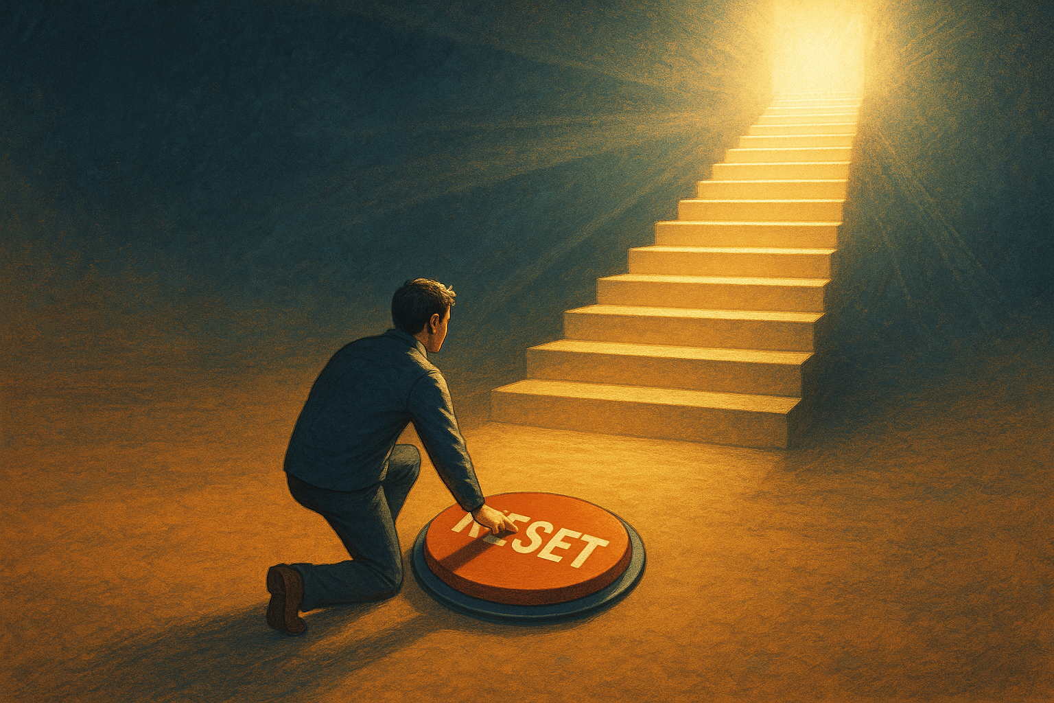 부자들이 다시 재기하는 이유 관련 참조 일러스트, 리셋 버튼 누르는 사람