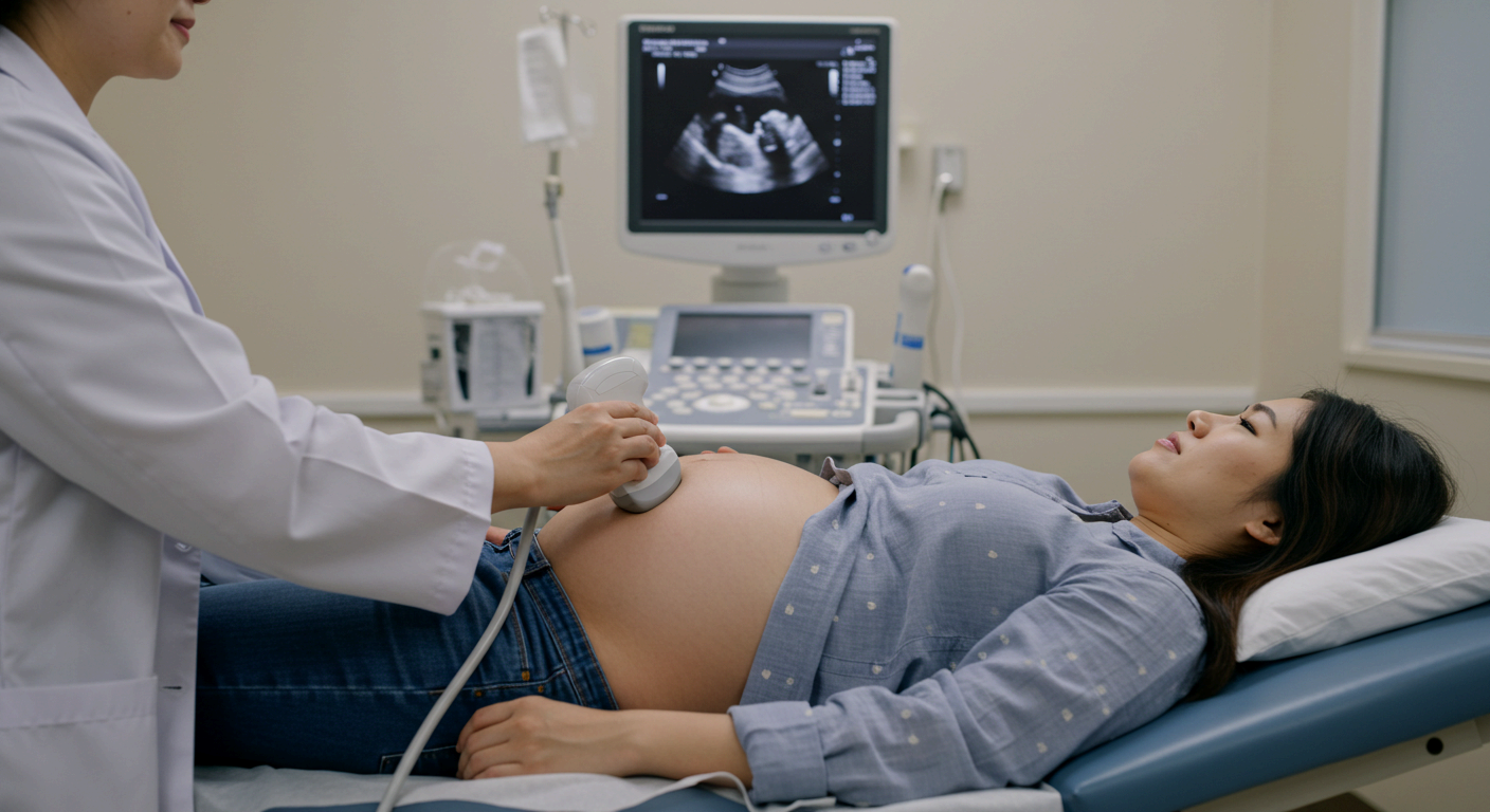 임신부가 진료대에 누워 복부 초음파 검사를 받고 있는 장면. 의사가 프로브(탐촉자)를 사용하여 검사를 진행하고 있으며, 뒤쪽 초음파 기기 모니터에 태아의 모습이 비치고 있음.