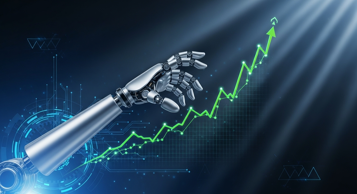 역동적인 로봇 팔과 주식 그래프가 겹쳐진 이미지. '폭발적인 로봇 투자 기회'를 상징