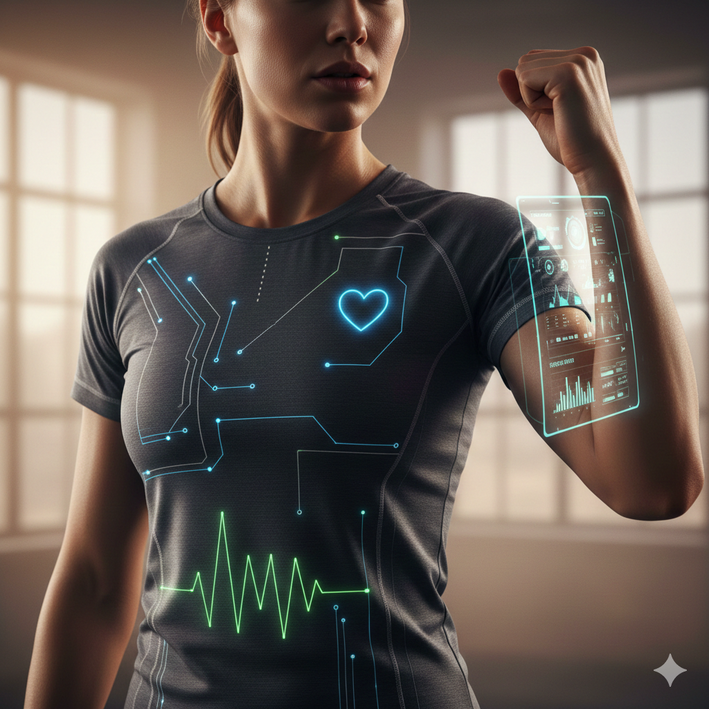 바이오메트릭 센서가 내장된 회색 운동복을 입고 있는 여성의 모습. 옷 위에는 심장 박동수와 생체 데이터를 측정하는 것을 시각적으로 보여주는 네온 블루 및 그린 색상의 홀로그램 인터페이스가 오버레이 되어 있어요. 특히 가슴 부근에는 심장 모양의 아이콘과 심전도 파형이, 팔 부분에는 디지털 건강 지표 그래프가 투사되고 있어요. 여성이 주먹을 쥐고 있는 포즈는 건강과 기술의 융합을 통한 역동적인 힘을 상징해요.