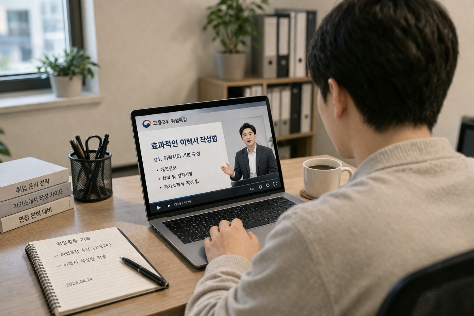 노트북으로 온라인 취업특강을 듣고 있는 남성