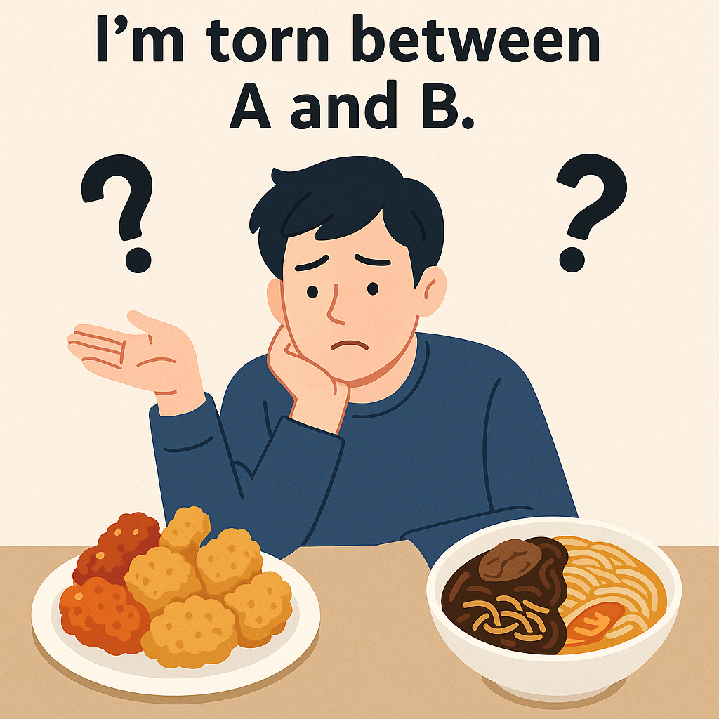 "양념치킨과 후라이드, 짜장면과 짬뽕 사이에서 고민하는 남성 – I'm torn between A and B 영어 표현을 시각적으로 보여주는 일러스트"