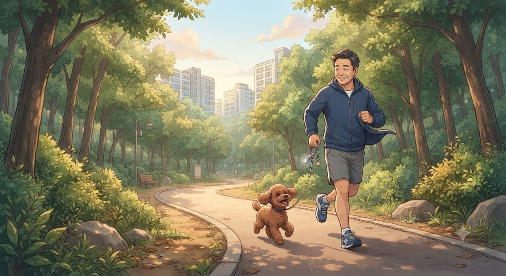 아침에 강아지와 산책하는 남성의 모습