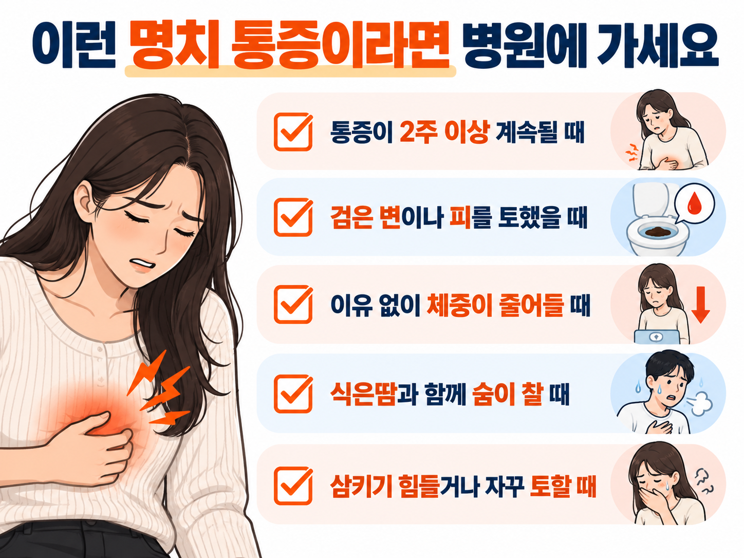 명치 통증 시 병원 방문이 필요한 경고 신호 체크리스트