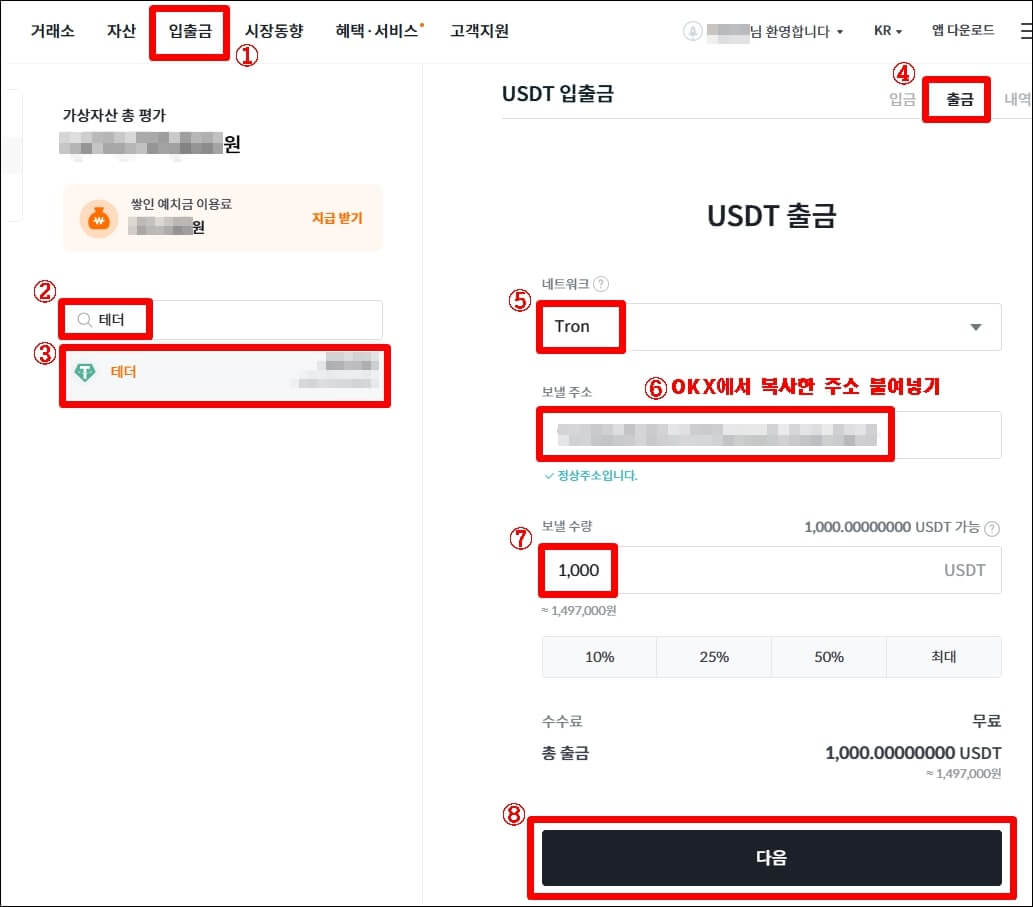 빗썸에서 테더 출금하는 과정을 나타내고 있다.