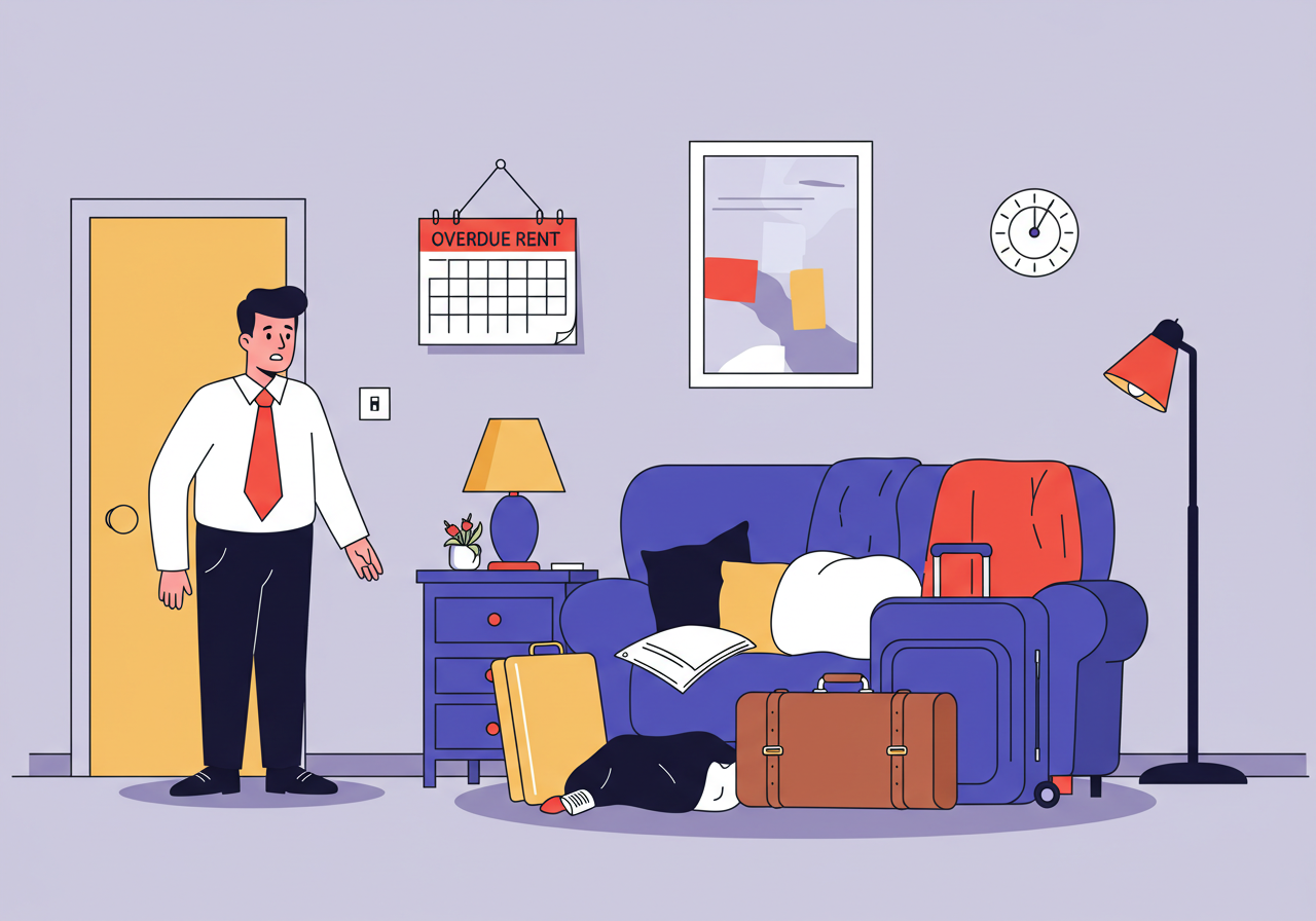 월세가 밀려 짐을 치우려는 집주인과 세입자의 갈등을 표현한 일러스트