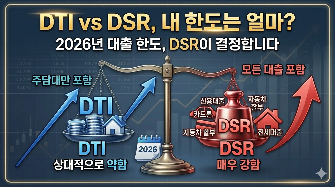 DTI와 DSR 규제 차이와 2026년 주택담보대출 한도 영향 비교 이미지