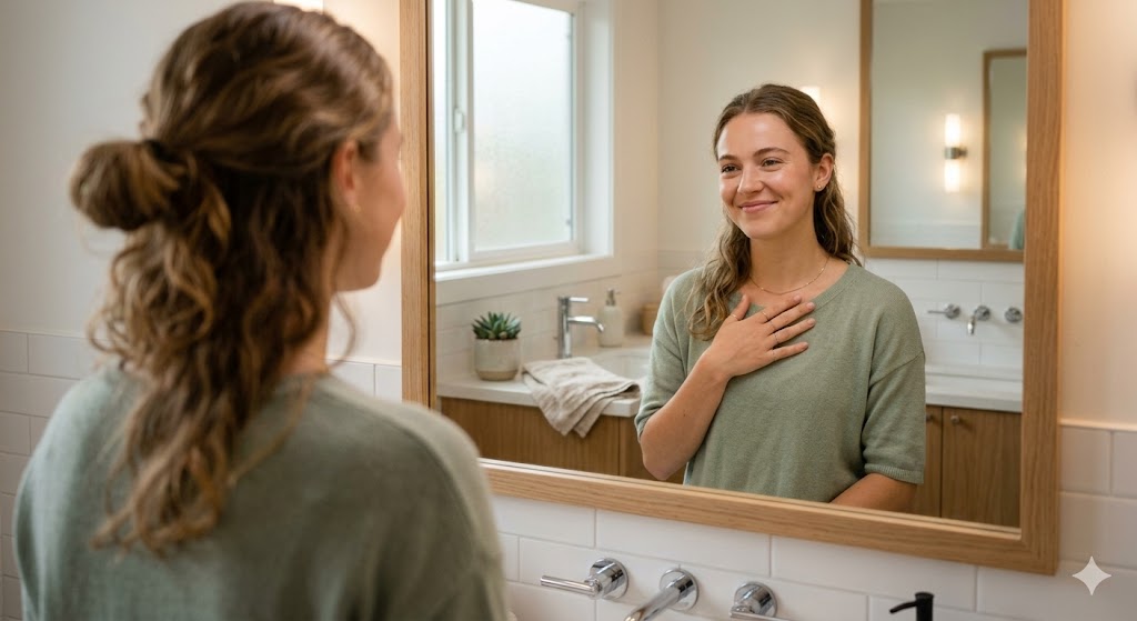 A woman looking into a mirror and smiling with a hand on her heart for self-healing