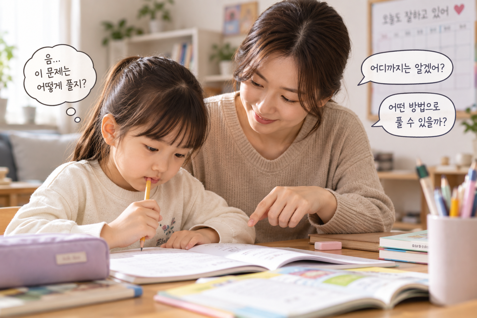 따뜻한 엄마와 딸의 숙제 시간
