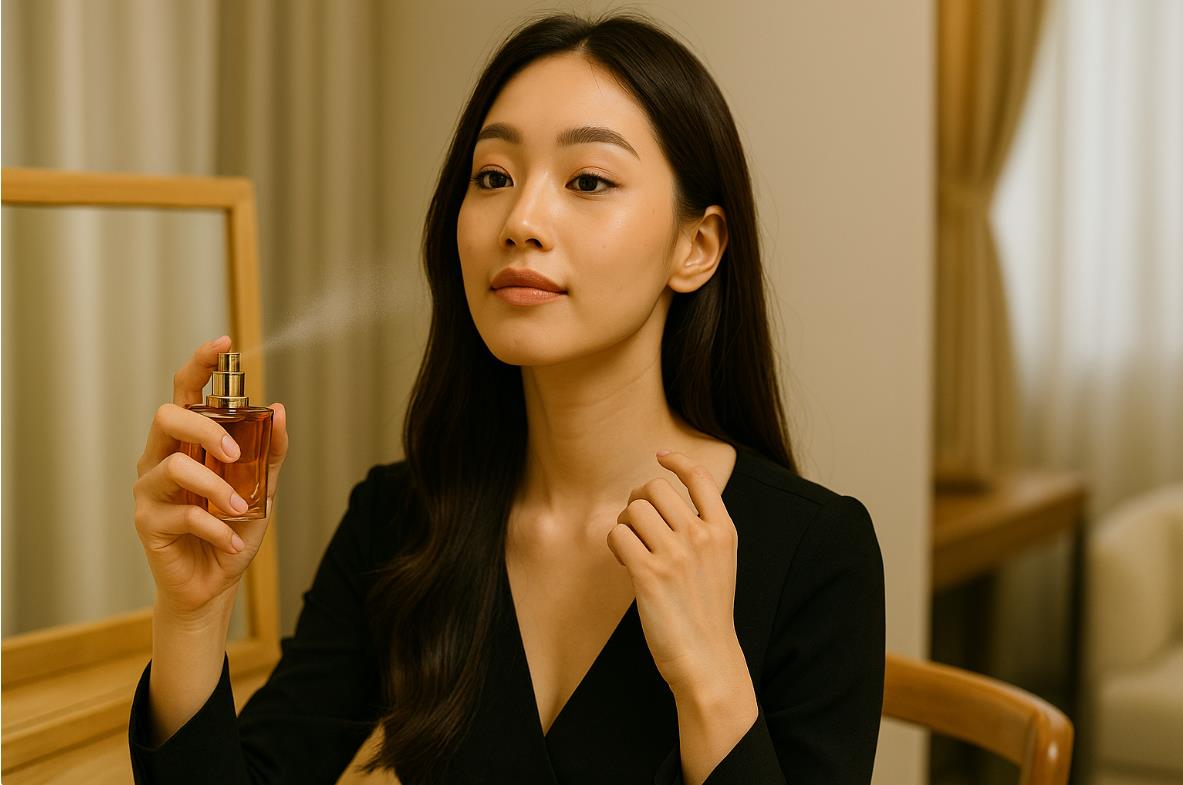 외출 전 입생로랑 향수 – 오피움(Opium)을 뿌리는 여성