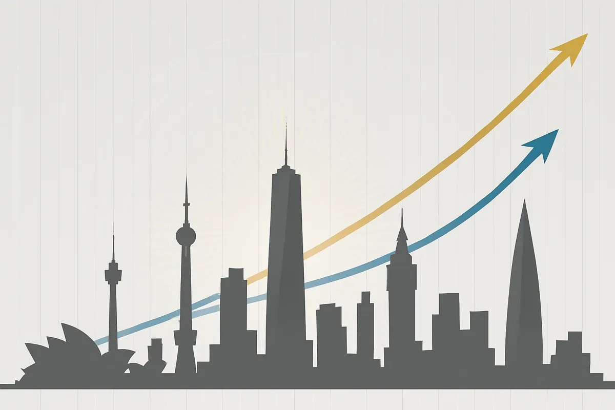 세계 주요 도시의 마천루와 부동산 투자 상승 곡선을 보여주는 인포그래픽