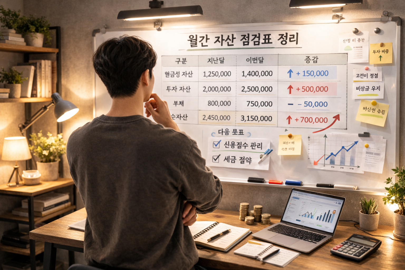 월간 자산 점검표를 화이트보드에 붙여 놓고 바라보며 고민하는 남자의 뒷모습