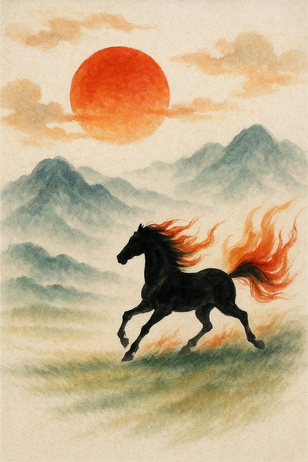 2026 병오년 신년 운세를 상징하는 붉은 태양과 말 수묵화 일러스트
