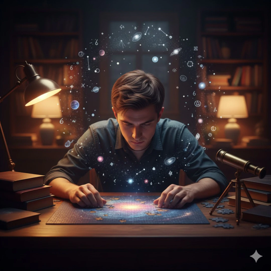 한 사람이 조용하고 아늑한 공간에서 망원경이나 책&amp;#44; 복잡한 퍼즐 등을 앞에 두고 초고도로 집중하는 모습입니다. 주변은 약간 흐릿하게 처리되어 오직 대상에만 모든 시선이 쏠려 있음을 보여줍니다. 배경에는 그 사람이 몰입하는 주제와 관련된 작은 행성이나 별&amp;#44; 복잡한 기호 등이 은은하게 떠다니는 듯한 시각적 효과를 추가하여 &amp;#39;나만의 작은 우주&amp;#39;를 표현합니다. 