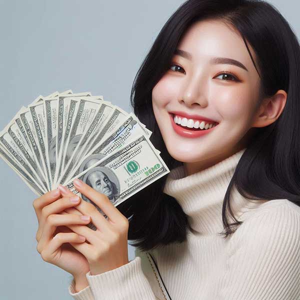 많은 돈을 들고 기뻐하는 여성 이미지
