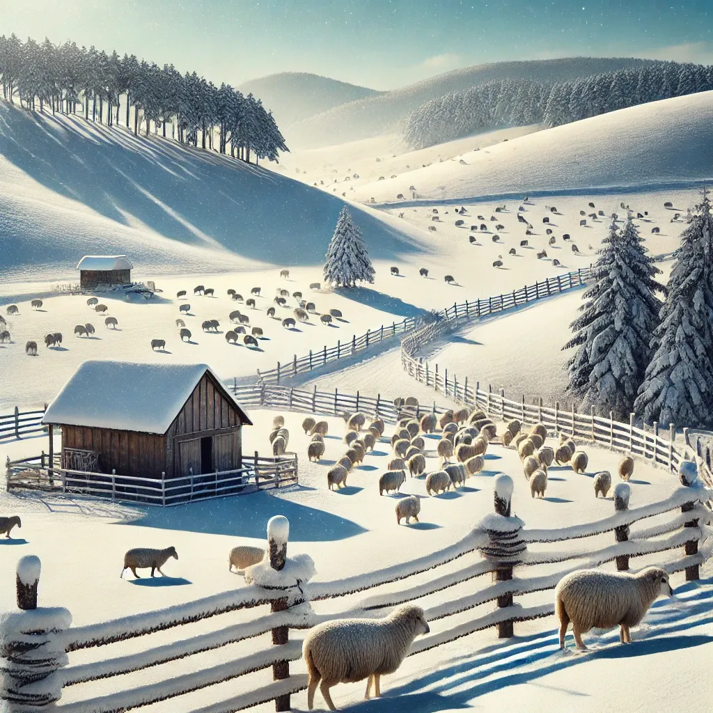 강원도 평창 대관령 양떼목장의 설원 풍경과 양들