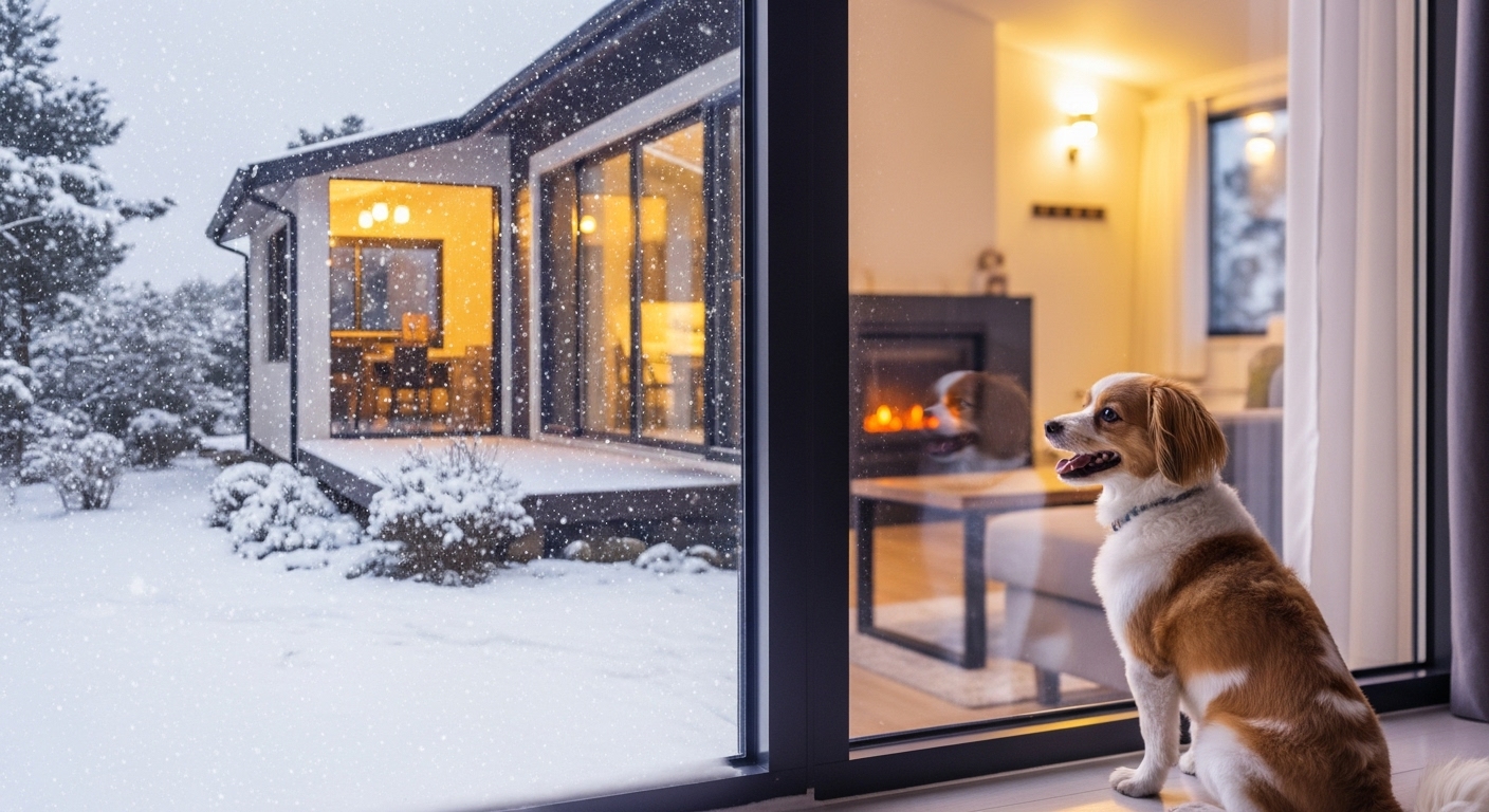겨울 눈 내리는 제주도 독채 펜션에서 창밖을 바라보는 강아지, 따뜻한 실내 분위기가 돋보이는 장면.