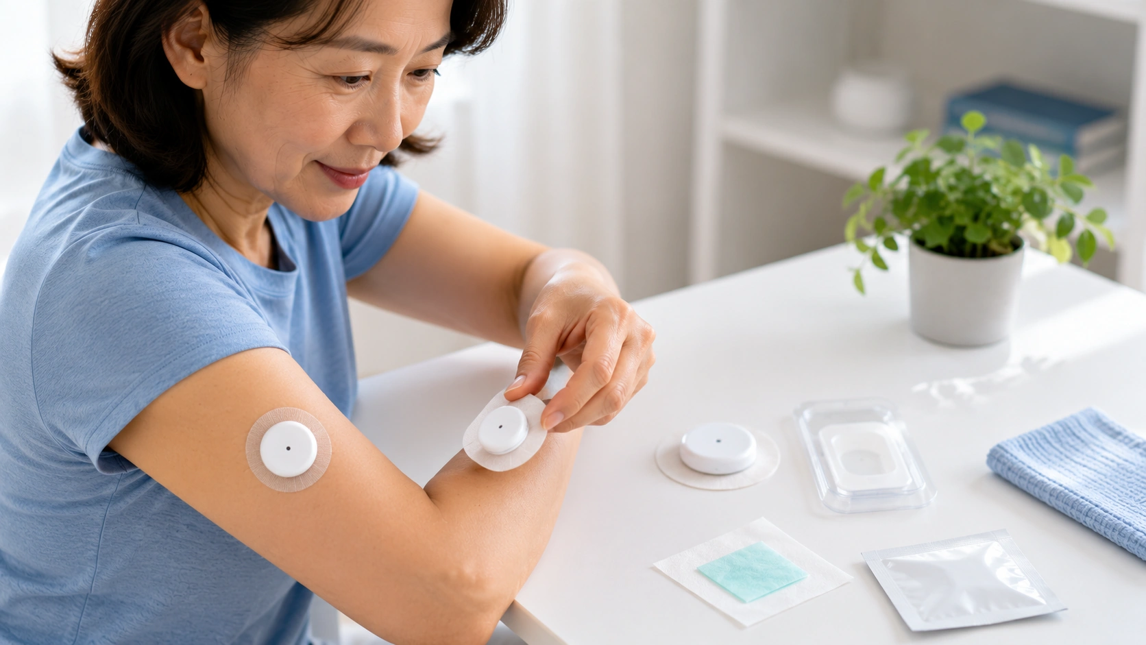 연속혈당측정기(CGM) 센서를 안전하게 교체하는 중년 여성의 사용 방법