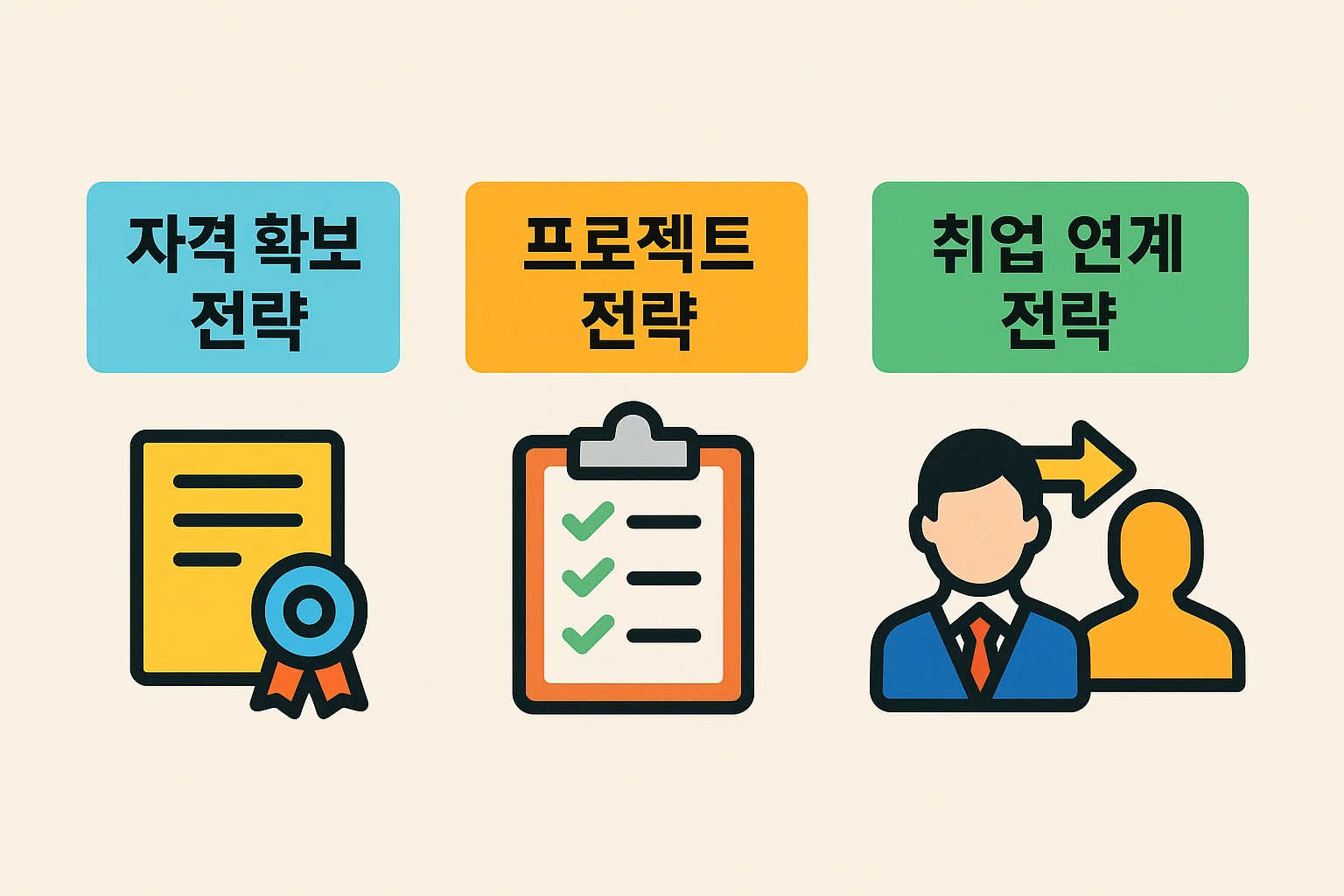 자격 확보, 프로젝트 경험, 취업 연계 세 단계를 통해 데이터 직무로 연결되는 현실적 로드맵을 안내하는 인포그래픽.