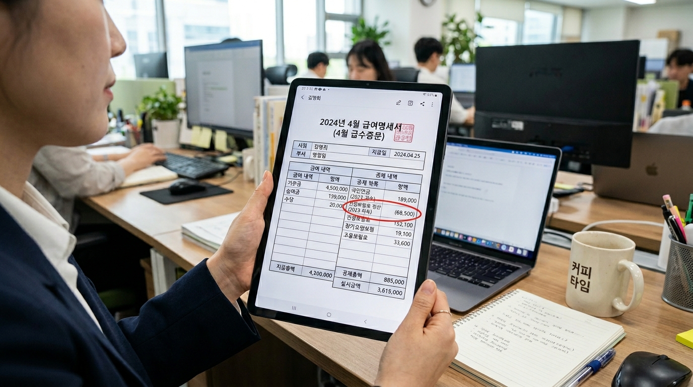 4월 급여 명세서에서 건강보험료 정산 항목이 반영된 상세 내용 이미지