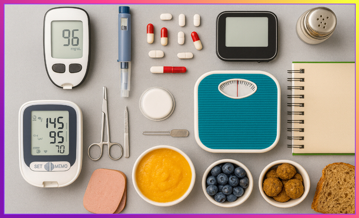 혈당측정기와 인슐린펜, 혈압계, 체중계, 건강식품 등 당뇨 케어 용품 모음