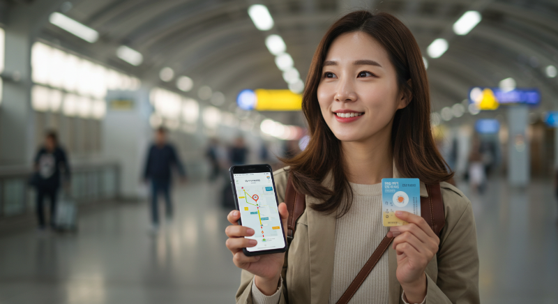 여행자가 교통 패스와 최적화된 경로가 표시된 스마트폰을 들고 있는 모습.