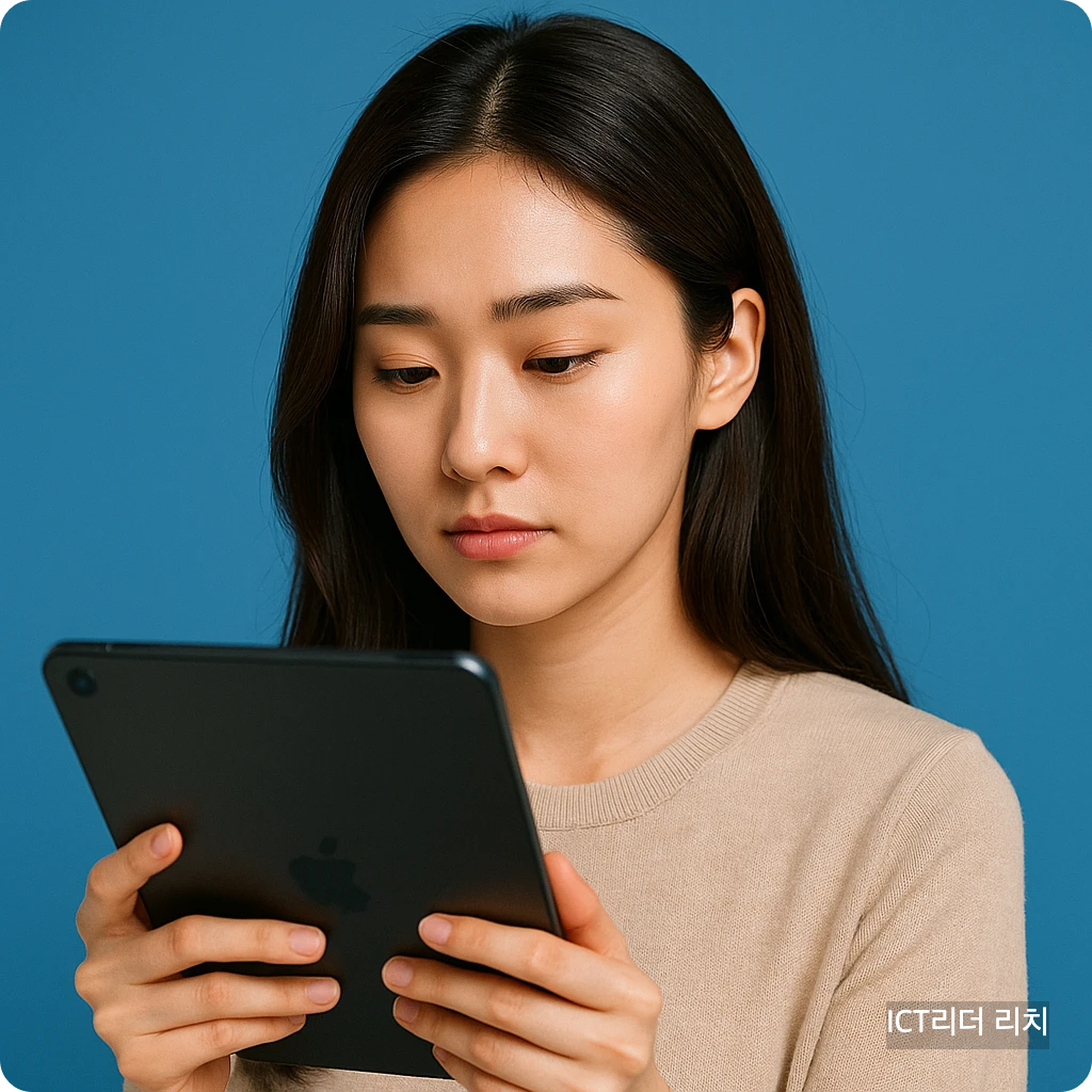 AI 태블릿을 바라보는 한국여성의 시크한 모습