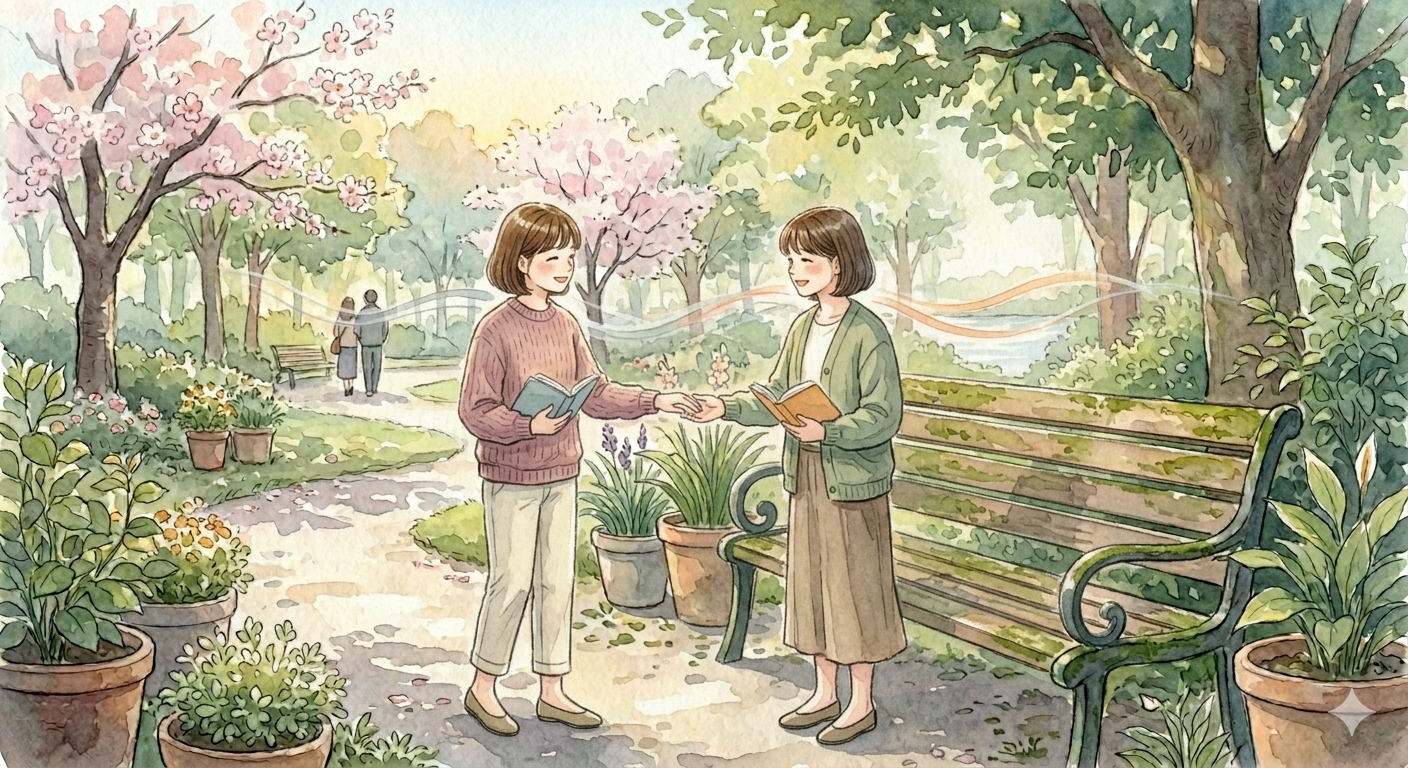 "공원 벤치에 앉아 밝은 표정으로 지인과 인사를 나누고 각자 반대 방향으로 평화롭게 걸어가는 두 사람의 수채화 일러스트. 억지스러운 인연을 정리하고 각자의 길을 존중하며 나아가는 '건강한 이별'의 모습을 상징함."