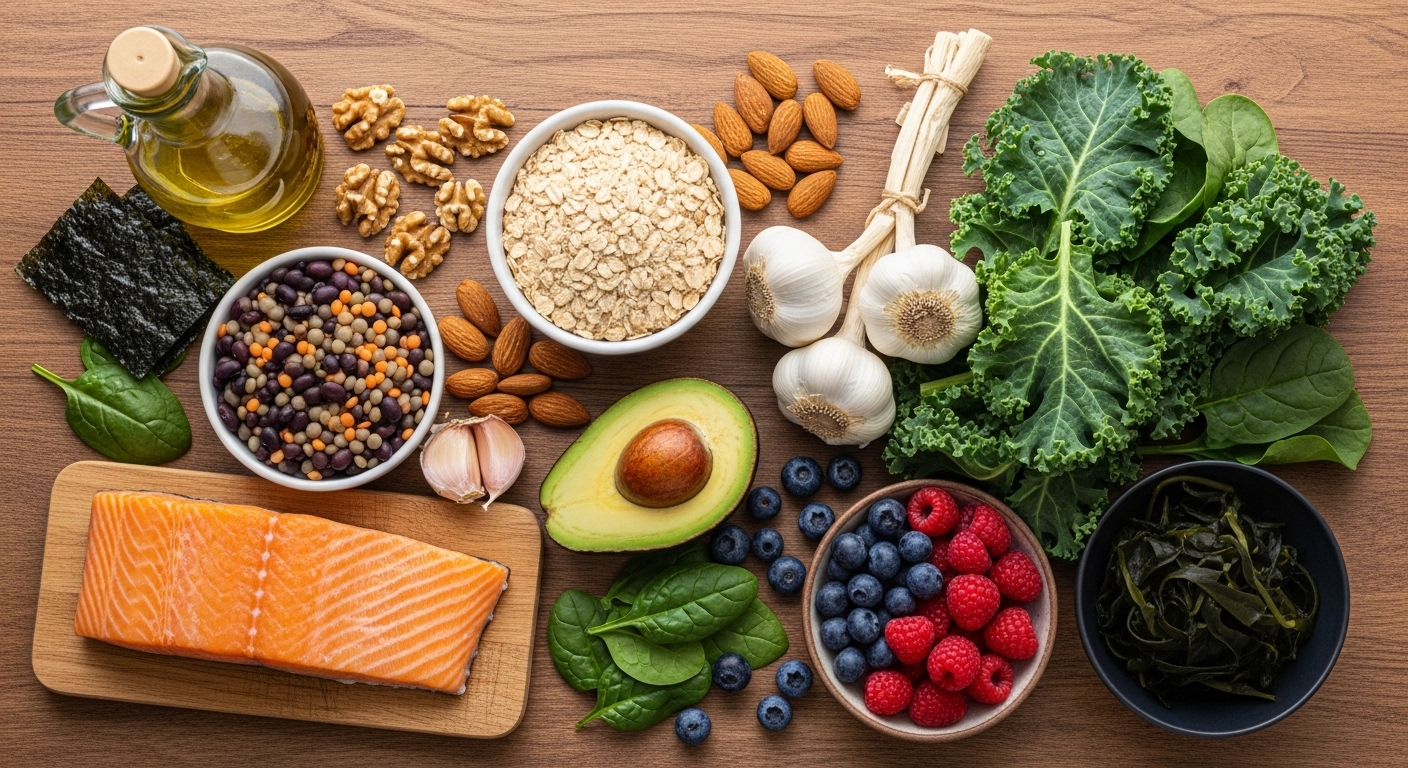 고지혈증 관리에 좋은 연어, 귀리, 견과류, 아보카도, 베리류, 녹색 채소, 마늘, 올리브유, 콩류, 해조류 등이 식탁에 놓여있는 모습