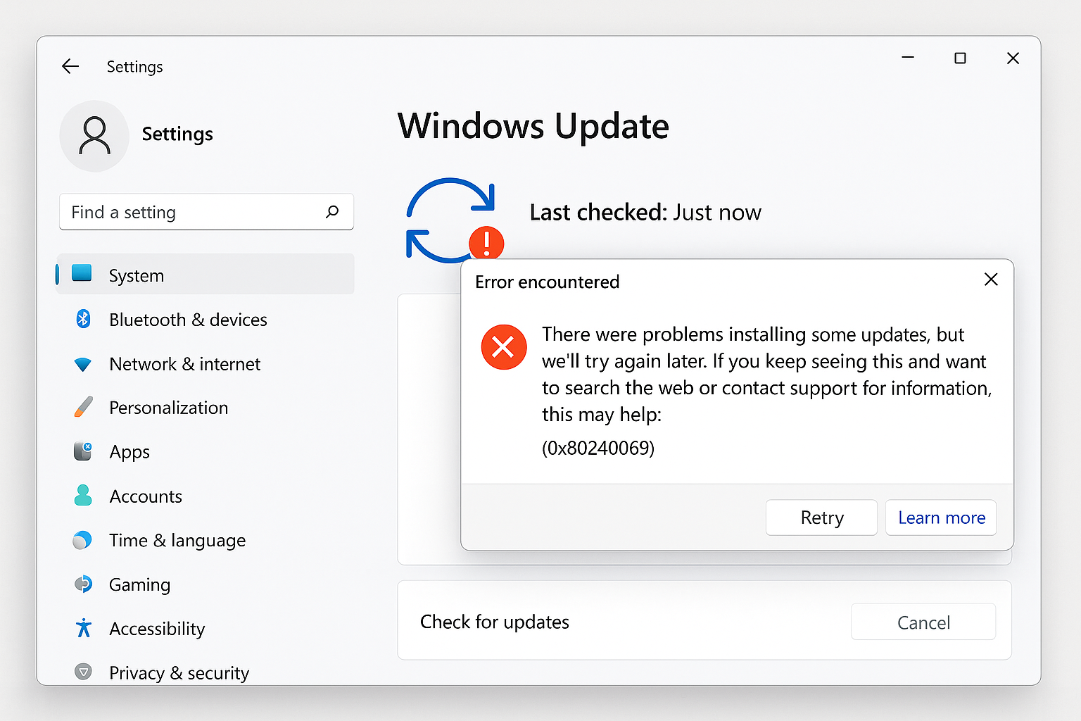 Windows Update 0x80240069 오류 화면 스크린샷
