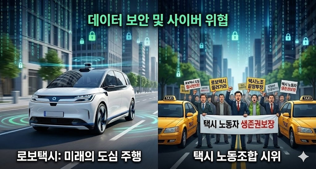 도심을 달리는 로보택시와 이를 반대하는 택시 노동조합의 집회 장면을 대비시킨 인포그래픽. 배경에는 데이터 보안(Cyber Security)을 상징하는 디지털 코드가 흐름.