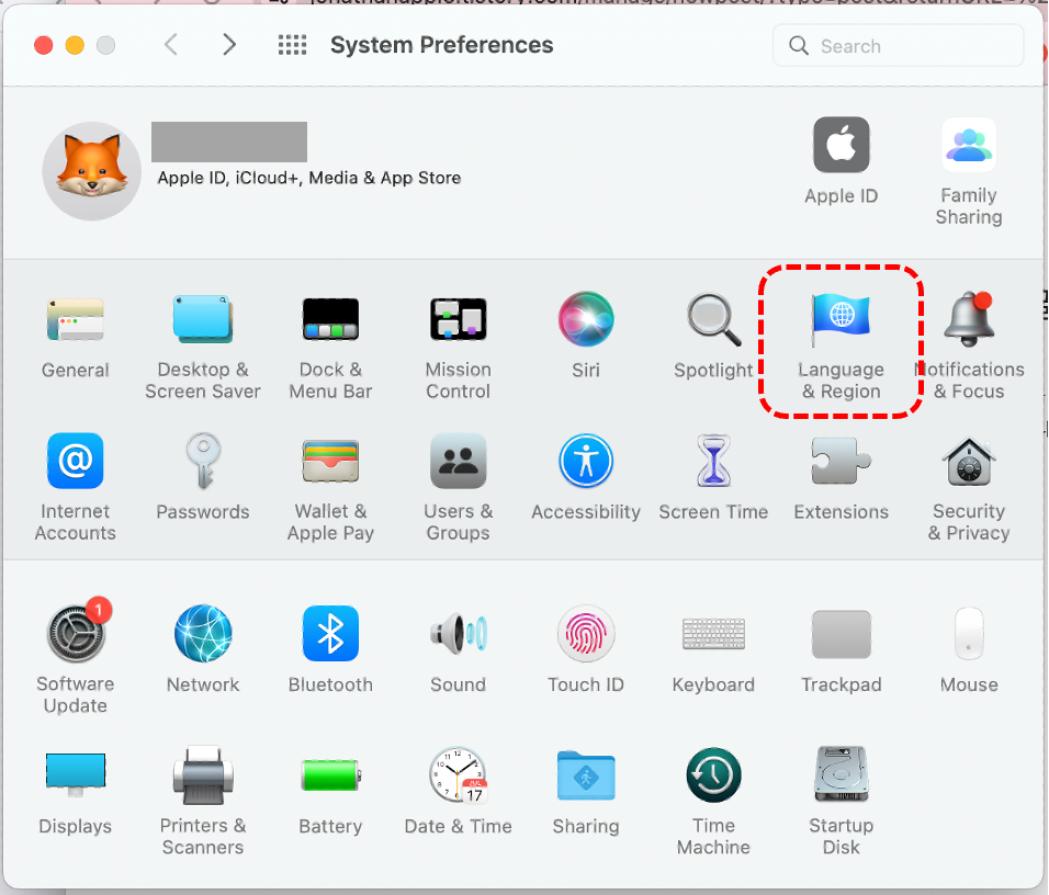 언어 및 지역 클릭