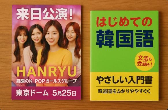 일본어로 된 한류 포스터, 한국어 공부 책자
