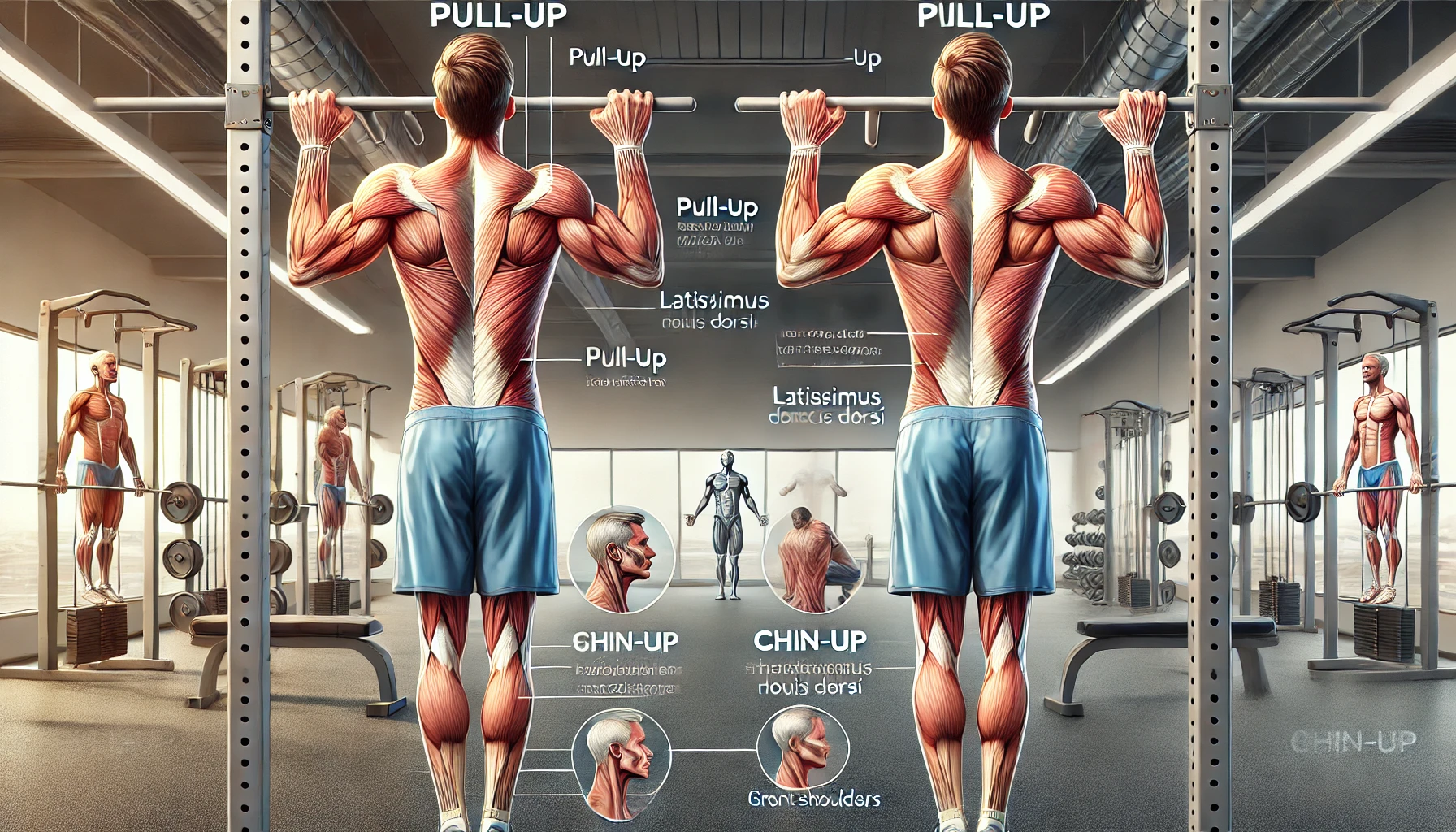 풀업과 친업의 차이를 설명하는 피트니스 일러스트, 각각의 근육 자극 부위와 운동 방법 강조