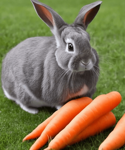 초록색 풀밭에 회색 토끼 한 마리가 있고 주황색 당근 4개가 토끼 앞에 놓여있다.