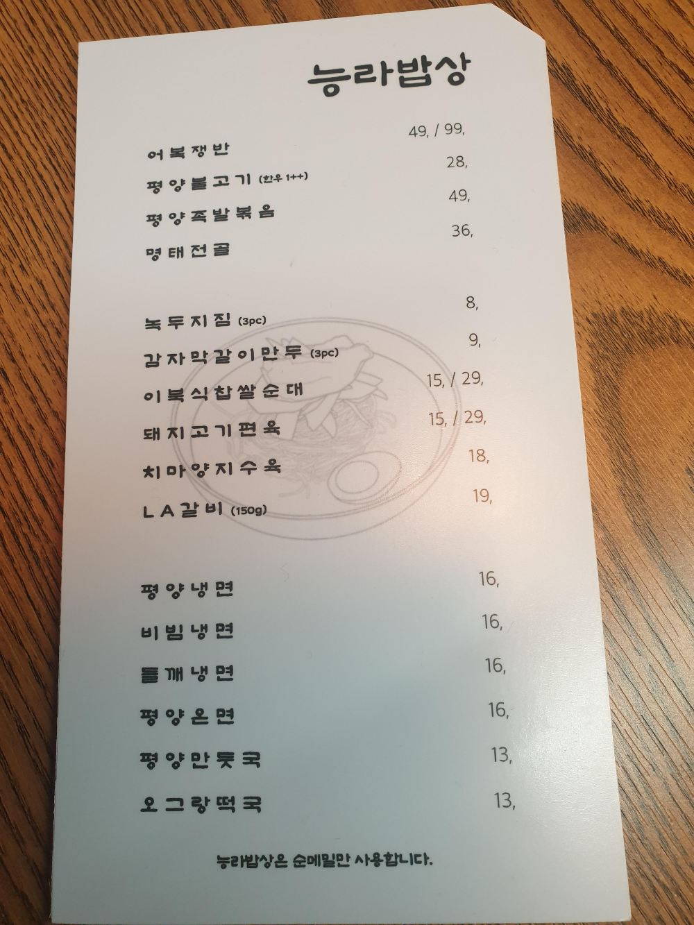 면류 부터 술안주까지 다양한 메뉴판