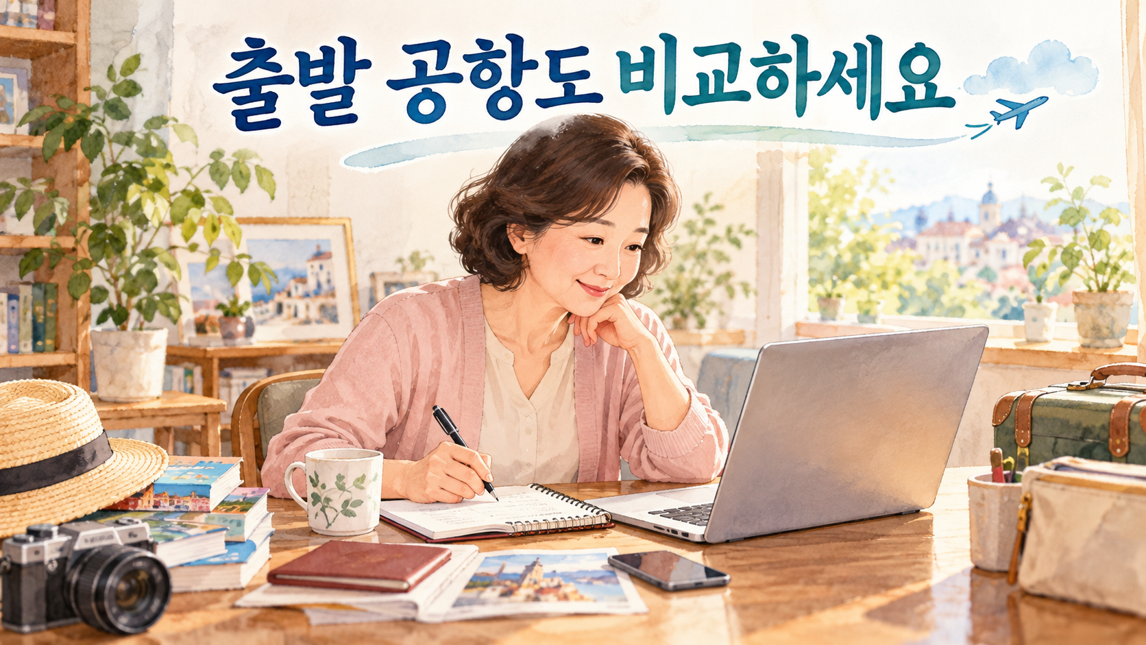 노트북과 메모지로 출발 공항과 여행 일정을 비교하는 중장년 여성의 일러스트