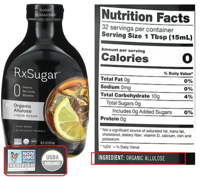RxSugar&#44; 액상 유기농 알룰로스 제품사진과 영양성분표&#44; 원재료명&#44; 아이허브 제품구매 링크