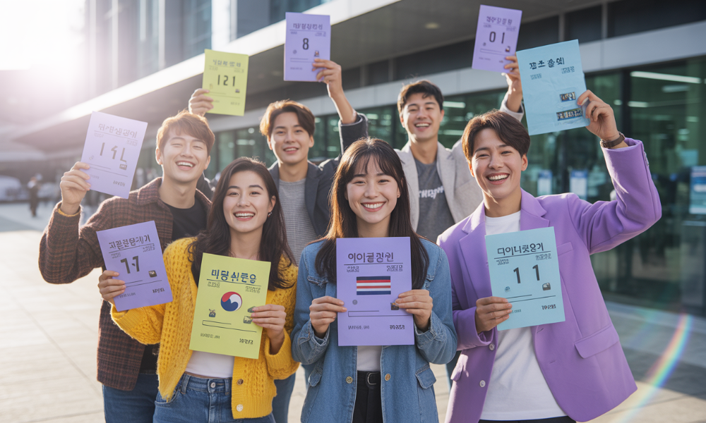 다양한 MZ세대가 각자의 개성을 담은 투표 인증 용지를 들고 활기차게 서 있는 모습, 캐릭터, 스포츠 로고, AI 디자인 등 창의적인 요소가 돋보이며 투표 참여를 독려하는 분위기를 나타냄.