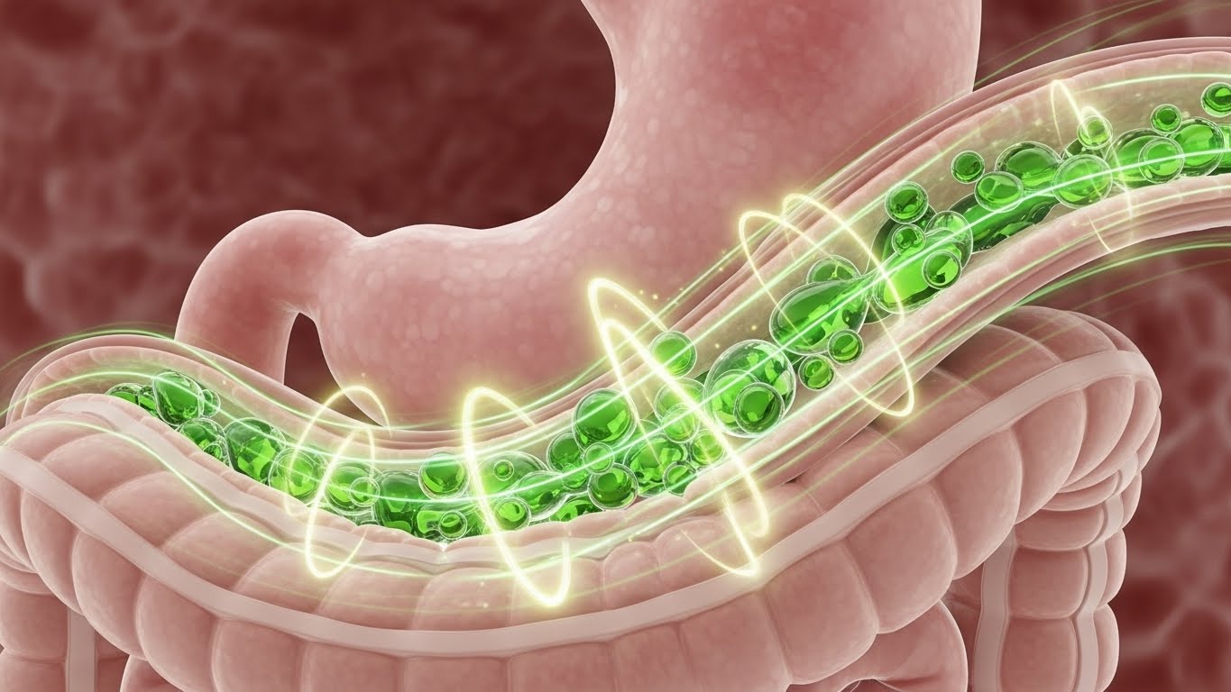 소화 시스템(위와 소장)을 추상적으로 시각화한 것으로, 녹색 글루콘산 마그네슘 액체 방울이 위장을 빠르게 우회하여 소장 내벽에 빠르게 흡수됩니다.