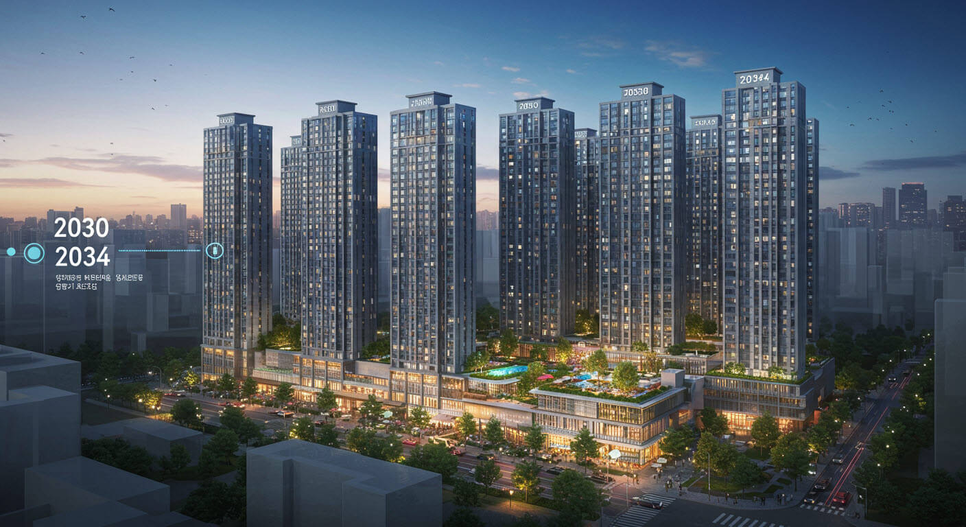 고층아파트가 즐비하게 서있고 2030, 2034 라는 년도가 있다