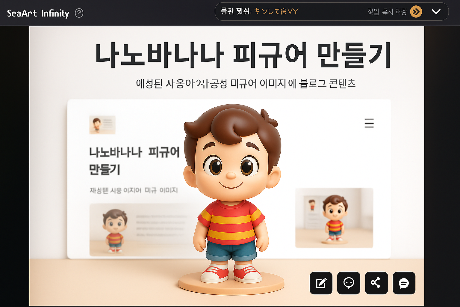 "귀여운 소년 피규어가 중앙에 서 있고, 배경에는 '나노바나나 피규어 만들기'라는 제목의 블로그 페이지가 보이는 이미지"