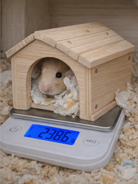 은신처와 함께 골든햄스터 몸무게 재기